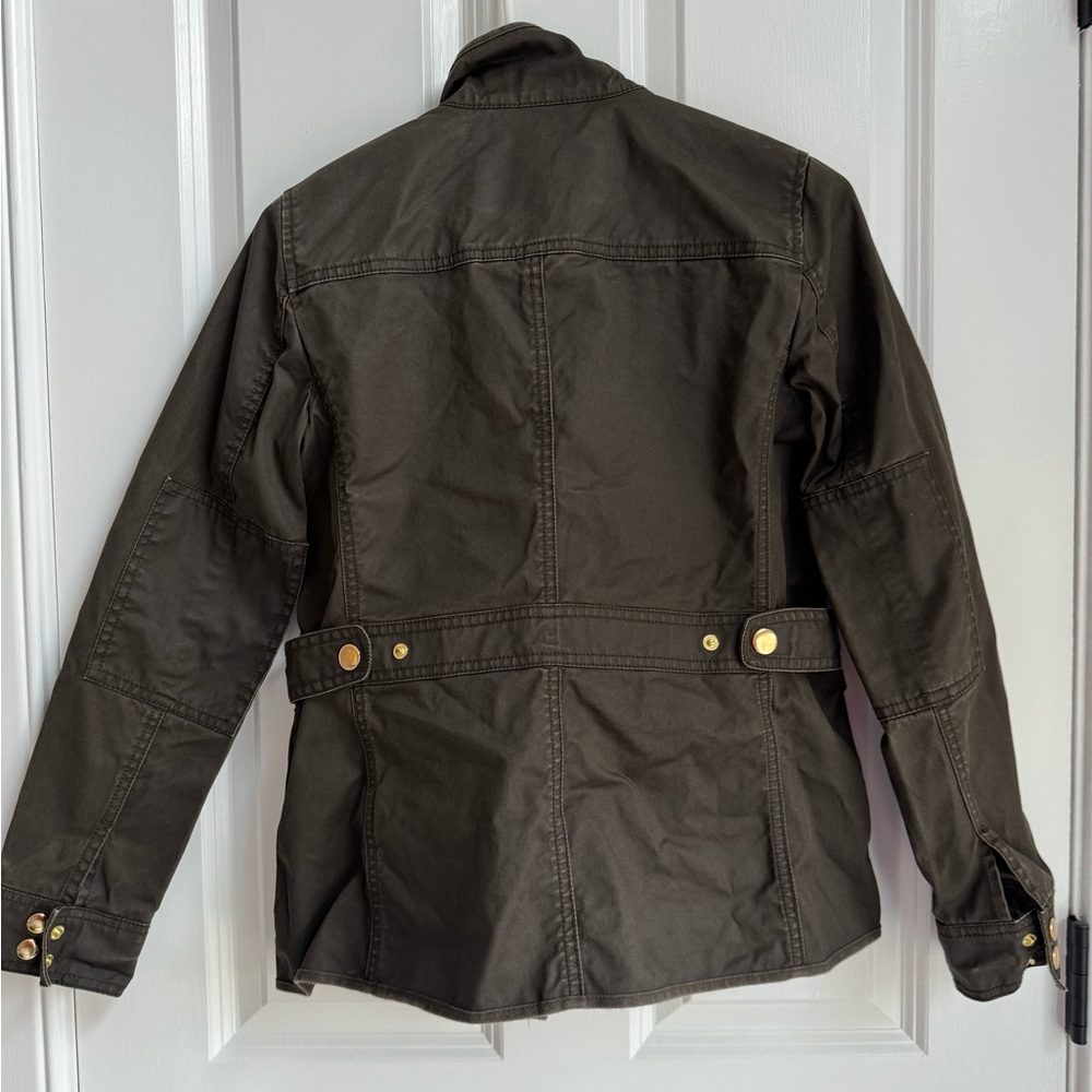 Jcrew olive green utility jacket with gold accent